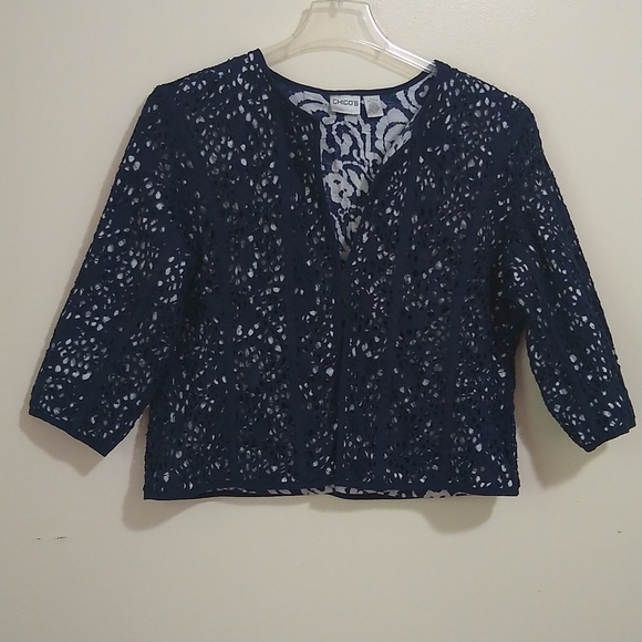 CHICO'S Eyelet Cotton Linen Blend Coat 2 - Picture 2 of 10